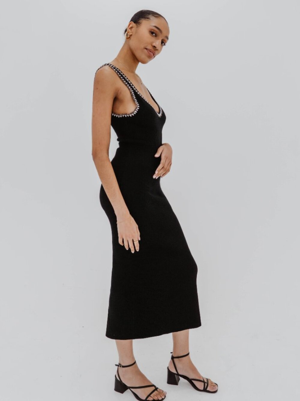 NWT CAROLINE CONSTAS BLACK RIBBED KNIT CROCHET BOHO MIDI DRESS